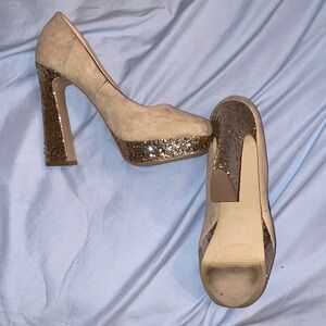 Elle Cream Beige Suede Pump Angle Glitter Heel